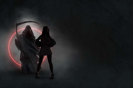 The image of death in black clothes with a scythe in his hands, a black hood. Grim reaper in the fog. Depression, despondency, fear, fright, mysticism. 3D illustration, 3D renderingの写真素材