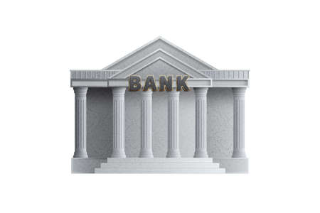 Bank building isolated on white background. The concept of issuing money, money exchange, credit, mortgage, vkoady. 3D illustration, 3D renderingの写真素材