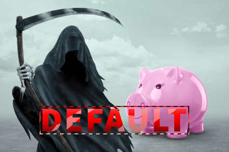 Death with a scythe near a pig piggy bank. Economic crisis, bankruptcy, end of economy, mortgage, credit, default. 3D illustration, 3D renderingの写真素材