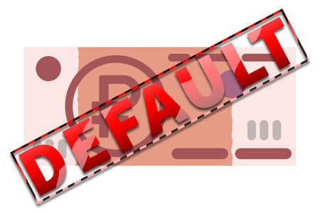 The inscription default in red on the background of Russian rubles, the money of Russia. Income reduction, Economic crisis, default, mortgage, loan, debt. copy spaceの写真素材