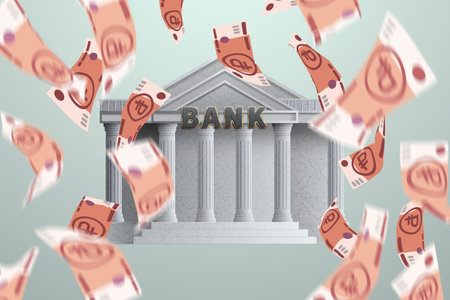 Bank building and dollars on a light background, credit, bank deposit, bank financing, currency exchange, financial services, ATM. 3D illustration, 3D renderingの写真素材