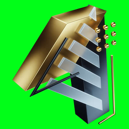 Creative numeral, number one isolate on green background, modern design, magazine style, black and gold design, luxury. Isometric 3D, 3D render, 3D illustrationの写真素材