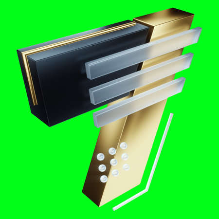 Creative numeral, number seven isolate on green background, modern design, magazine style, black and gold design, luxury. Isometric 3D, 3D render, 3D illustrationの写真素材