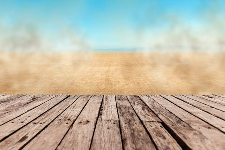 Old boards, floor on the background of the desert and sandstorm. Crisis, poverty, heat, fire