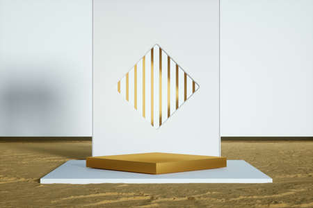 composition for product presentation, yellow sand, white background. 3D rendering, 3D illustration.の写真素材