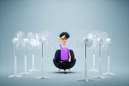 Heat, summer heat, a man sits in front of fans, creative image, modern design, enjoys the coolness. Cartoon style, 3D render, 3D illustrationの写真素材