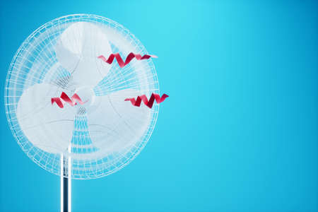 White cooling fan with air currents on a blue background, red ribbons. Summer heat, coolness, hell, air conditioning. 3D rendering, 3D illustrationの写真素材