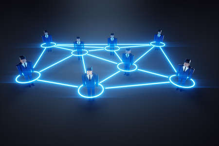 Unusual 3d illustration, social network background, human connections, business connections, crowd of men in suits. The concept of communication, networking, dating useful. 3D rendering, 3D illustrationの写真素材