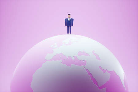 Businessman on top of the world, standing on a globe. Worldwide success in business, international connections. career in the world. Modern design, magazine style. 3D rendering, 3D illustrationの写真素材