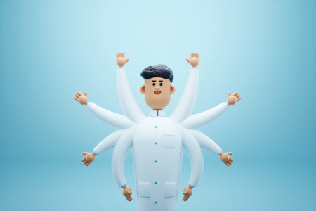 Doctor, therapist with many hands, good specialist, many competencies. Huge employment, demanded specialist, professional. The doctor works hard. 3d render, 3d illustration, copy spaceの写真素材