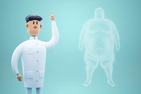 White horogram of a fat man on a blue background isolate. The concept of obesity, overweight, health problems, diet, diabetes. Copy space, 3D render, 3D illustrationの写真素材