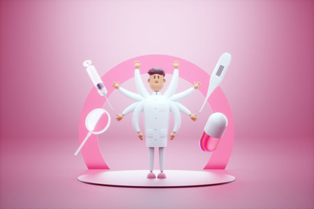 Doctor, therapist with many hands, good specialist, many competencies. Huge employment, demanded specialist, professional. The doctor works hard. 3d render, 3d illustration, copy spaceの写真素材