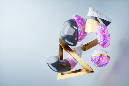 Light pink background, clean design, luxurious layout. Realistic 3D geometric shapes on a light...