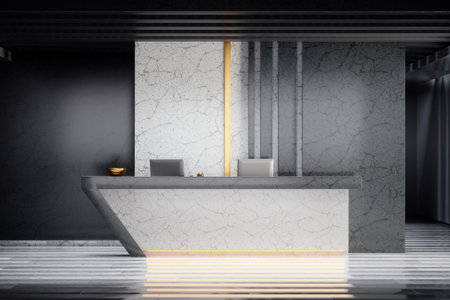 reception table. Modern office interior with white and dark marble walls and reception desk. Modern...