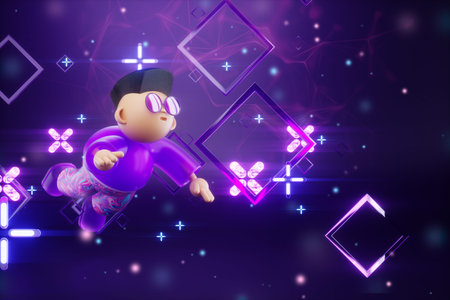 Cartoon character inside Virtual Digital Reality, metaverse. Future, metaverse technology concept, cyberuniverse, communication, blockchain, futuristic network. 3D illustrationの写真素材