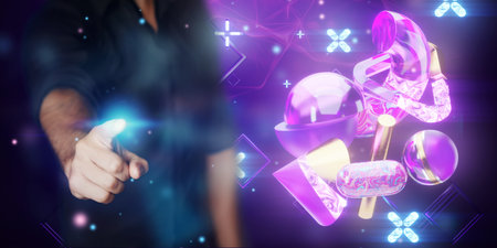 Male hand on the background of Virtual reality, metaverse. Future metaphor, metaverse technology...