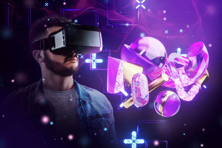 A man with glasses on the background of Virtual Reality, the metaverse. Future metaphor, metaverse technology concept, cyberuniverse, communication, blockchain, futuristic network. mixed media.の写真素材
