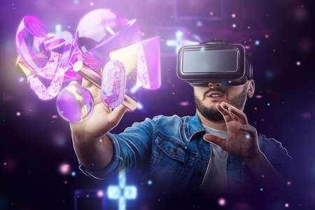 A man with glasses on the background of Virtual Reality, the metaverse. Future metaphor, metaverse technology concept, cyberuniverse, communication, blockchain, futuristic network. mixed media.の写真素材