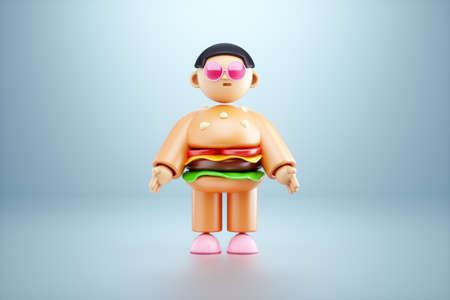 Obesity problem, cartoon character with a burger instead of a body. Overweight, fast food, junk food. 3D illustration, 3D renderingの写真素材