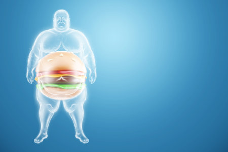 The problem of obesity, the body of a fat person is crammed with burgers. Overweight, fast food, junk food. 3D illustration, 3D renderingの写真素材