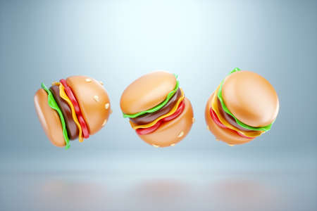 Set 3D burger on a light background. 3D illustration, 3D renderingの写真素材
