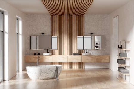 Bathroom interior with white marble bathtub, wooden slats. 3d rendering, 3d illustration, layoutの写真素材