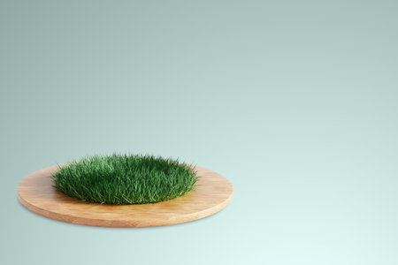 nature concept. Composition of a green lawn on a wooden platform on a light background. Podium for cosmetic products. Natural stand for presentations and exhibitions. 3d rendering, 3D illustrationの写真素材