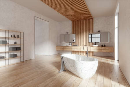 Bathroom interior with white marble bathtub, wooden slats. 3d rendering, 3d illustration, layoutの写真素材