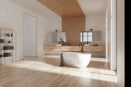 Bathroom interior with white marble bathtub, wooden slats. 3d rendering, 3d illustration, layoutの写真素材