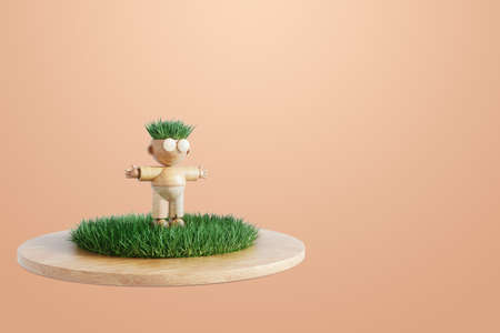 nature concept, Cartoon wooden man with grass instead of hair. Deforestation, nature, modern design. 3d rendering, 3d illustration, layoutの写真素材