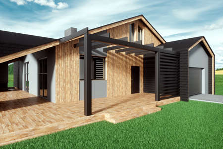 The exterior of a one-story house, the facade of the house is made of wooden slats. Architecture, design, building. mixed mediaの写真素材