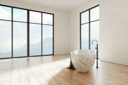 Bathroom interior with white marble bathtub, wooden slats. 3d rendering, 3d illustration, layout
