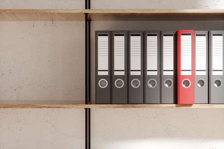 Office shelves with colorful folders. Office interior, documentation, work, workflow, archive. 3d renderingの写真素材