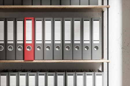 Office shelves with colorful folders. Office interior, documentation, work, workflow, archive. 3d renderingの写真素材