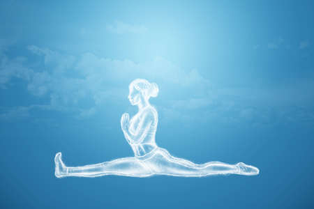 A neon image of a girl, a hologram in a yoga pose, or a Pilates figure. It stands in one, a healthy lifestyle, relaxation, reboot. 3D rendering, 3D illustration.の写真素材