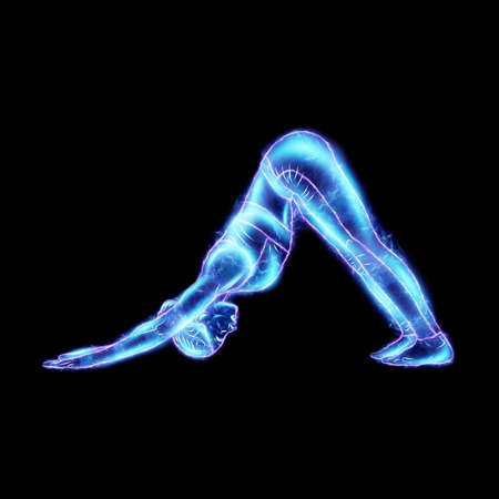 Neon image of a girl, a hologram in a yoga pose. Stands in one dog pose, Addho Mukha Svanasana. 3D rendering, 3D illustration.の写真素材