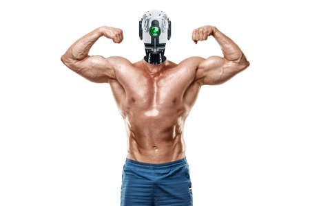 Bodybuilder with naked torso with robot head, cyborg. Robotics, new normal, future, technology, modern design, magazine style. mixed mediaの写真素材