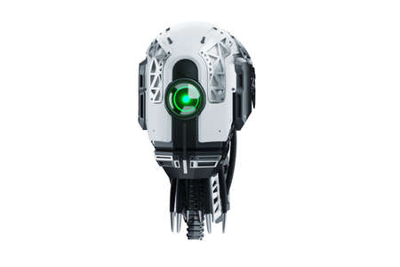 Cyborg robot head isolated on white background. new technologies, artificial intelligence, replacement of people, robotics. 3D rendering, 3D illustrationの写真素材