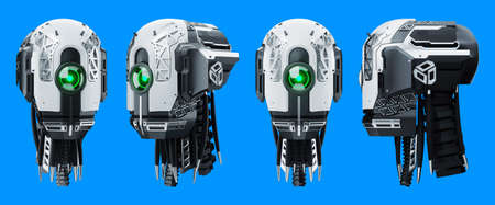 Seth Cyborg robot head isolated on blue background. new technologies, artificial intelligence, replacement of people, robotics. 3D rendering, 3D illustrationの写真素材