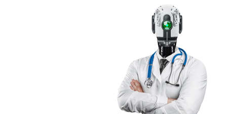 Doctor in a coat with a robot head and a stethoscope, robotic doctor is the future of medicine. Artificial intelligence Modern technologies of neural networks. mixed mediaの写真素材