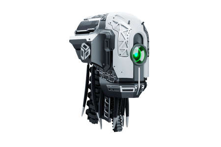Cyborg robot head isolated on white background. new technologies, artificial intelligence, replacement of people, robotics. 3D rendering, 3D illustrationの写真素材