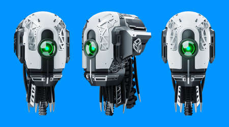 Seth Cyborg robot head isolated on blue background. new technologies, artificial intelligence, replacement of people, robotics. 3D rendering, 3D illustrationの写真素材