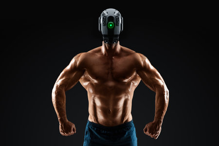Bodybuilder with naked torso with robot head, cyborg. Robotics, new normal, future, technology, modern design, magazine style. mixed mediaの写真素材