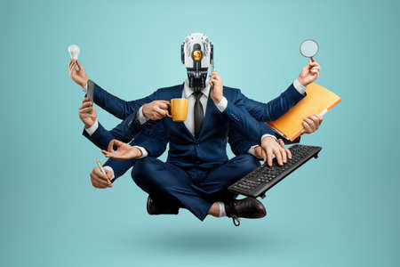 New workforce, Robot many hands in a suit, office worker. Robotics, speed, superiority, new normal, future, technology, modern design, magazine style mixed mediaの写真素材