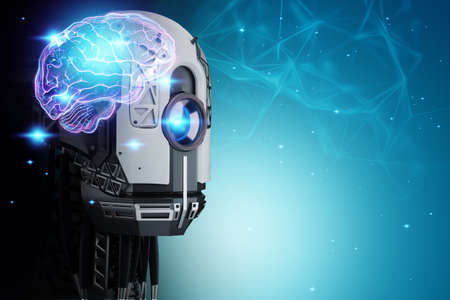 Cyborg robot head with brain hologram image, neural networks. Artificial intelligence Modern technologies of neural networks. 3D rendering, 3D illustrationの写真素材
