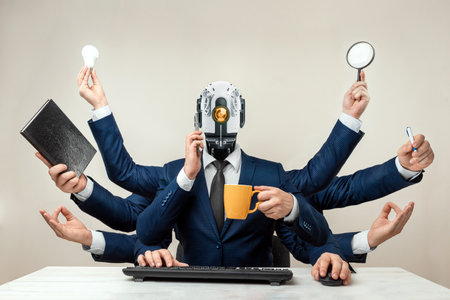 New workforce, Robot many hands in a suit, office worker. Robotics, speed, superiority, new normal, future, technology, modern design, magazine style mixed mediaの写真素材
