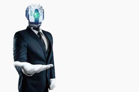 A new workforce, a robot in a suit lends a hand. Robotics, speed, superiority, new normal, future, technology, modern design, magazine style. mixed mediaの写真素材