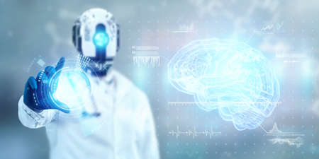 Doctor in a coat with a robot head and a stethoscope, robotic doctor is the future of medicine. Artificial intelligence Modern technologies of neural networks. mixed mediaの写真素材