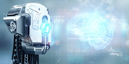 Cyborg robot head with brain hologram image, neural networks. Artificial intelligence Modern...