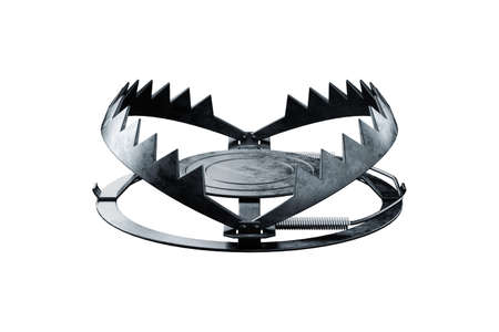 Bear trap isolated on white background, metal trap. Addiction, hunting, poaching, credit mortgage. 3D rendering, 3D illustrationの写真素材